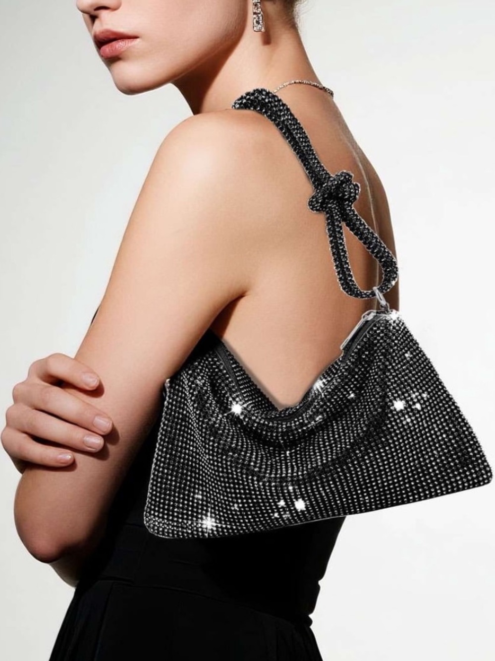Black Crystal-Embellished Evening Shoulder Bag
